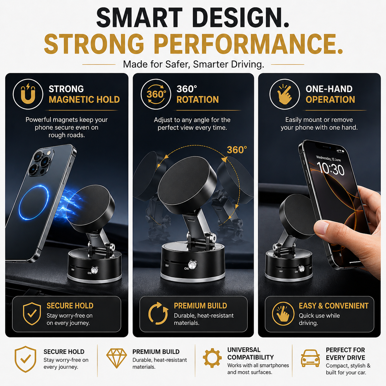 360° Rotating - Magnetic Phone Holder - Strong Vacuum Grip - For Car, Desk & Travel